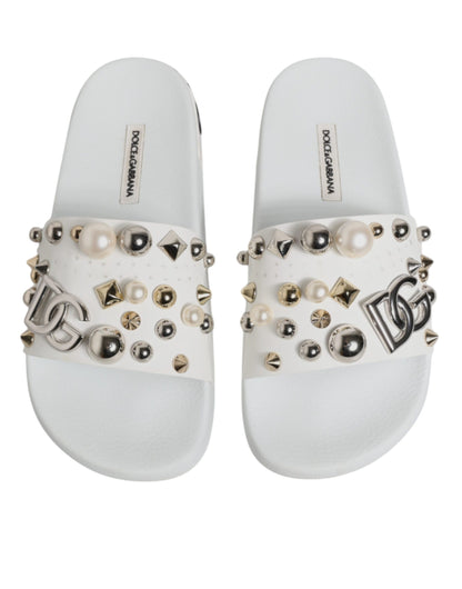 White Embellished Slides Sandals Shoes