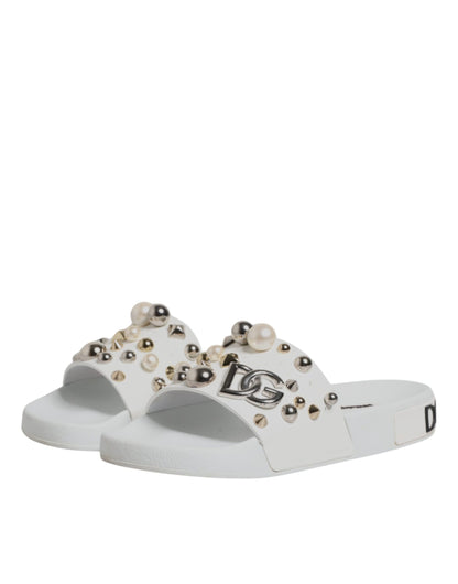 White Embellished Slides Sandals Shoes