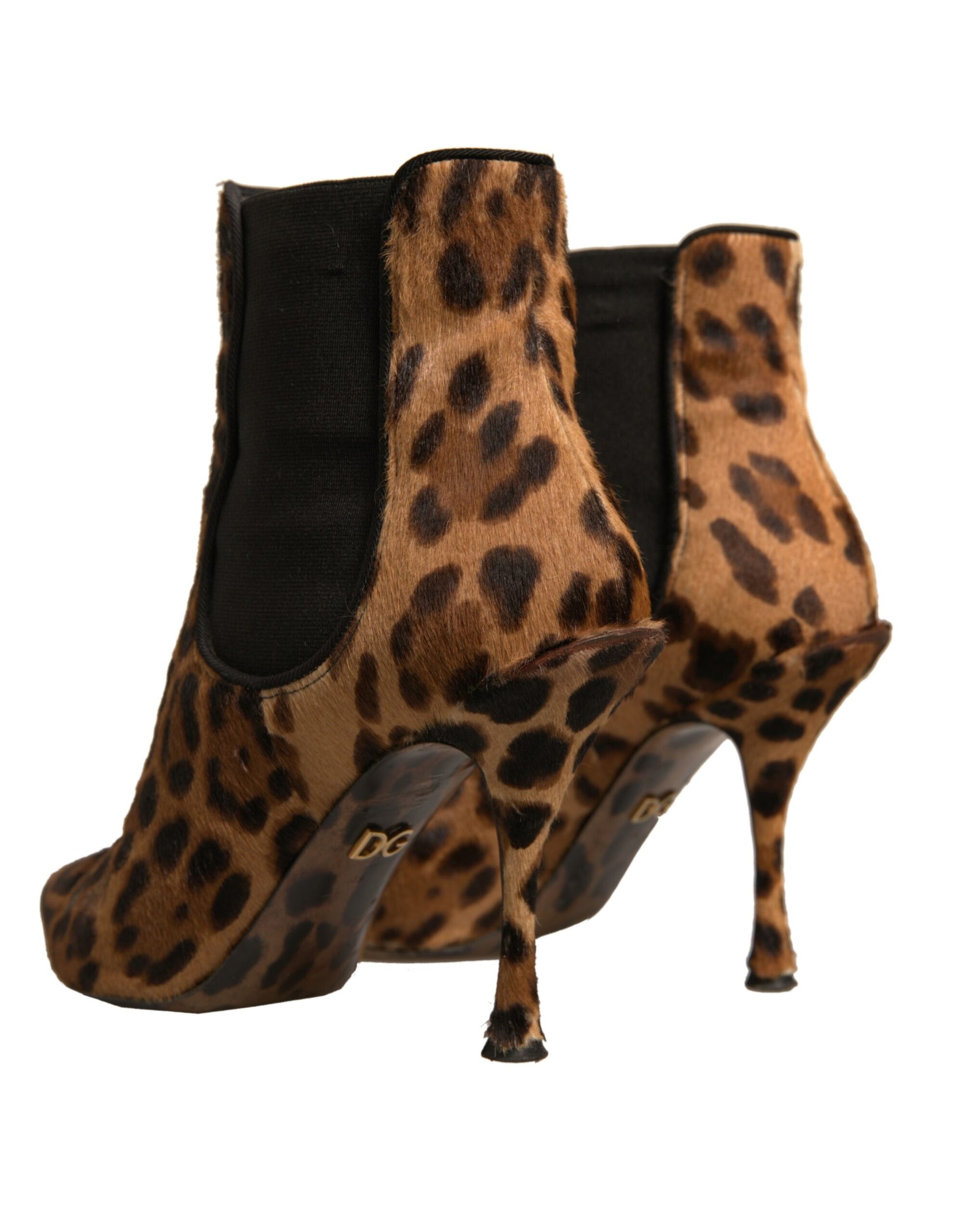 Brown Leopard Leather Stretch Heels Boots Shoes