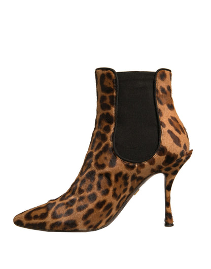 Brown Leopard Leather Stretch Heels Boots Shoes