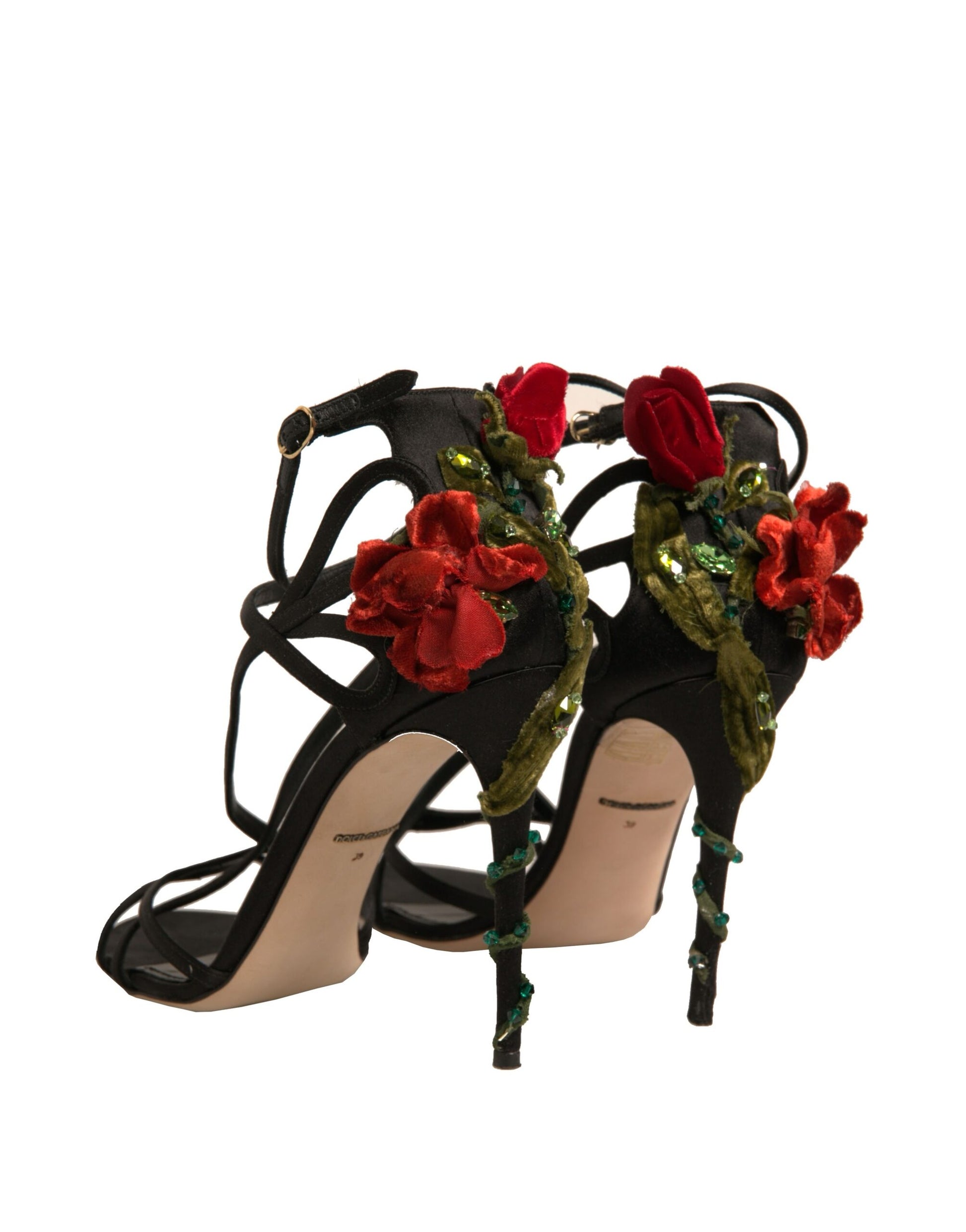 Black Strappy Flower Heels Sandals Shoes