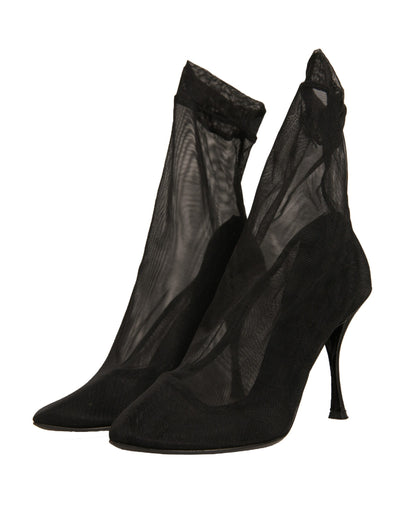 Black Silk Mesh Sock Style Heels Boots Shoes