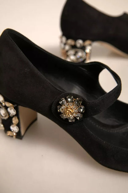 Black Suede Jewelled Mary Jane Pumps Shoes