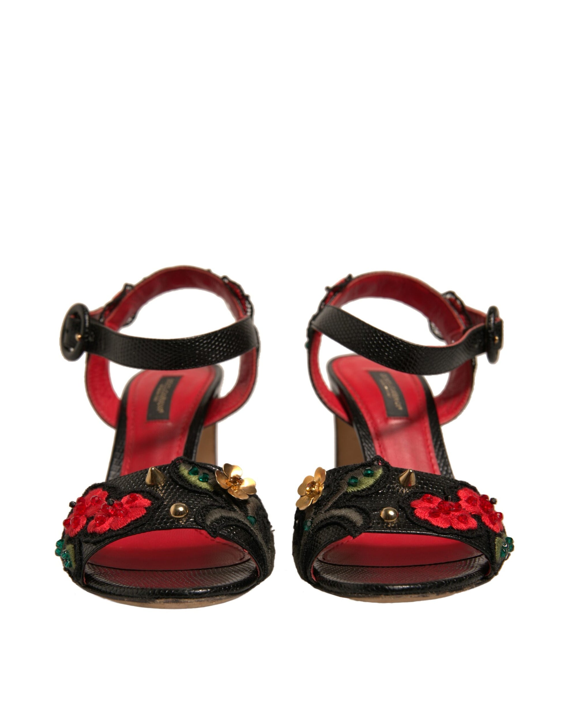 Black Embossed Carnation Heeled Sandals Shoes