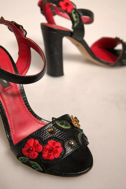 Black Embossed Carnation Heeled Sandals Shoes