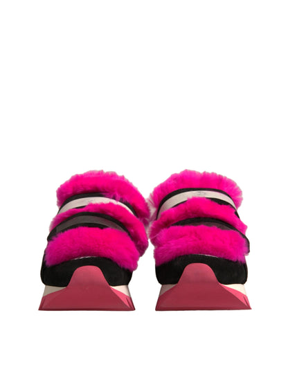 Black Pink Fur Embellished Sneakers Shoes