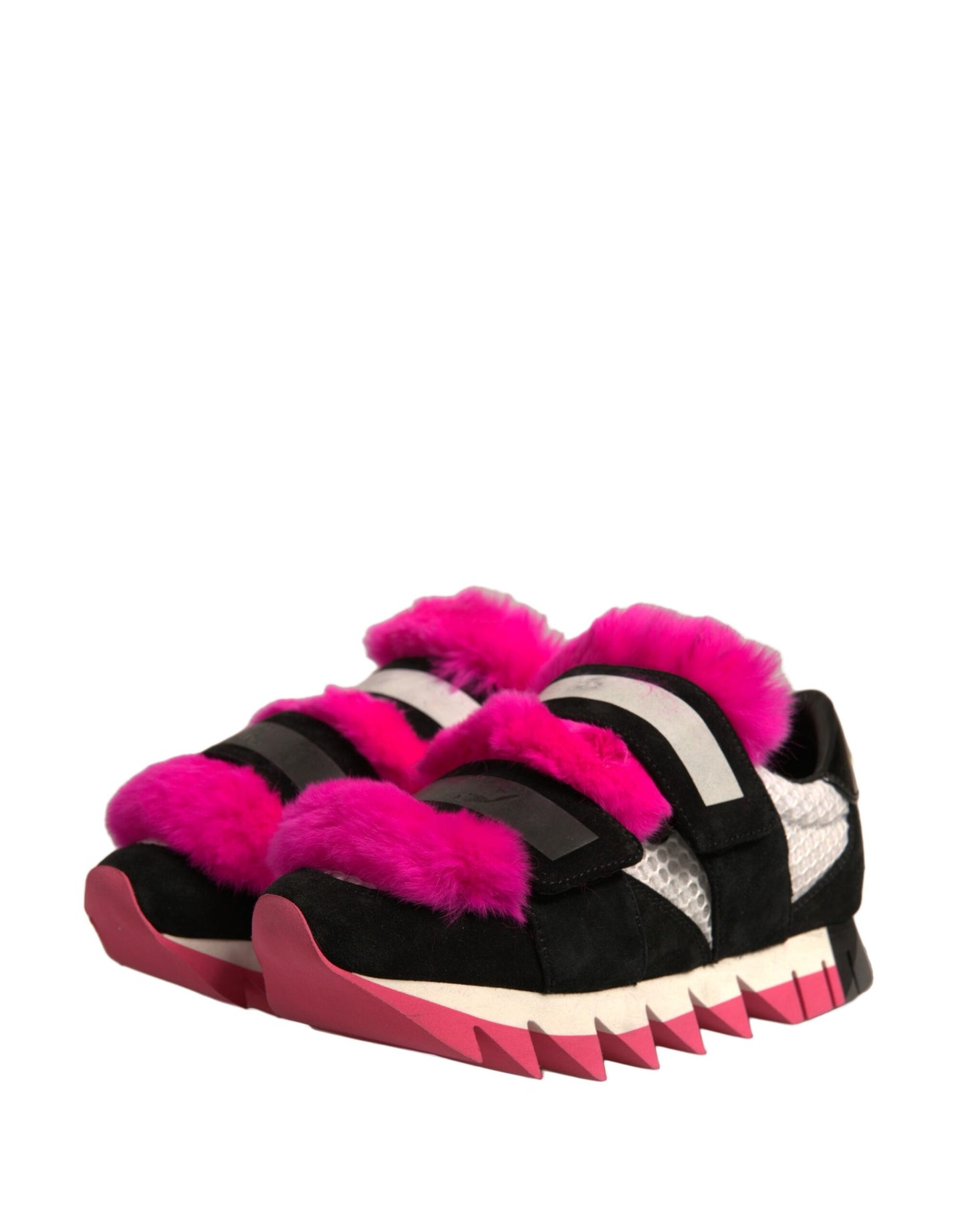 Black Pink Fur Embellished Sneakers Shoes