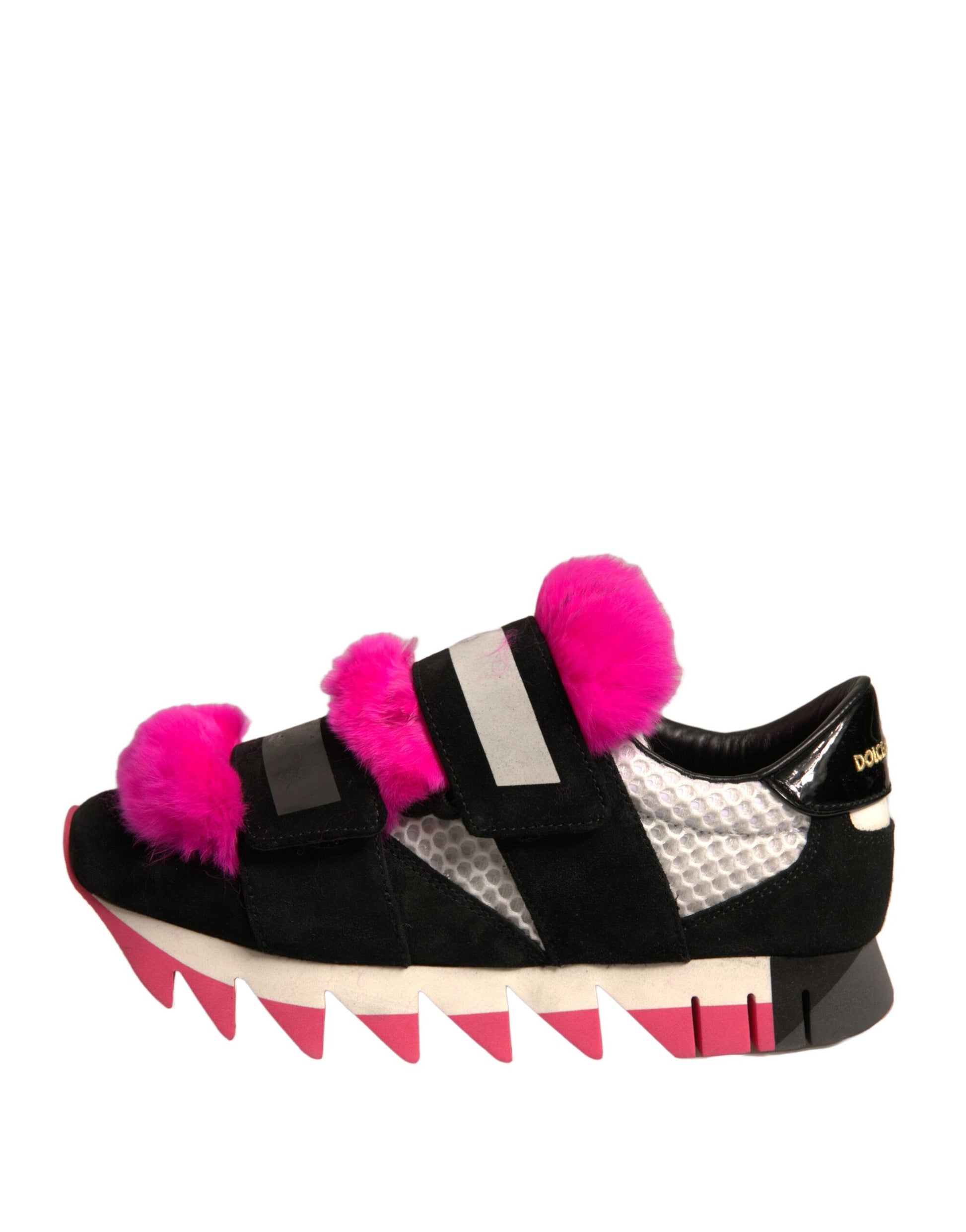 Black Pink Fur Embellished Sneakers Shoes