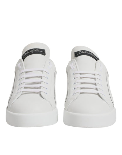 White Black Leather Low Top Sneakers Shoes