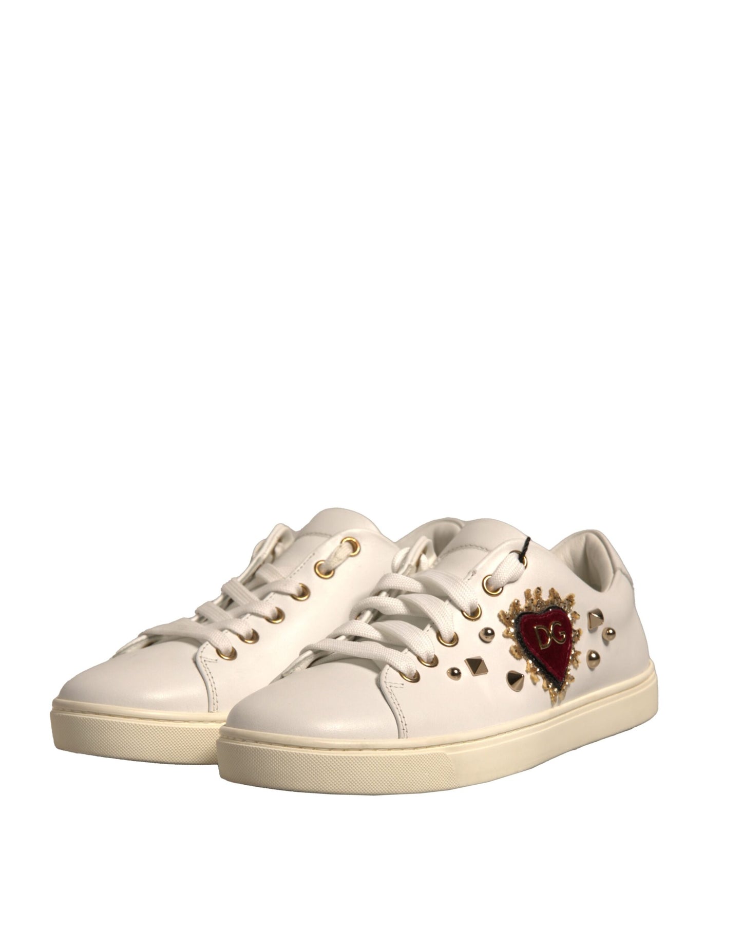 White Leather Gold Red Heart Sneakers Shoes