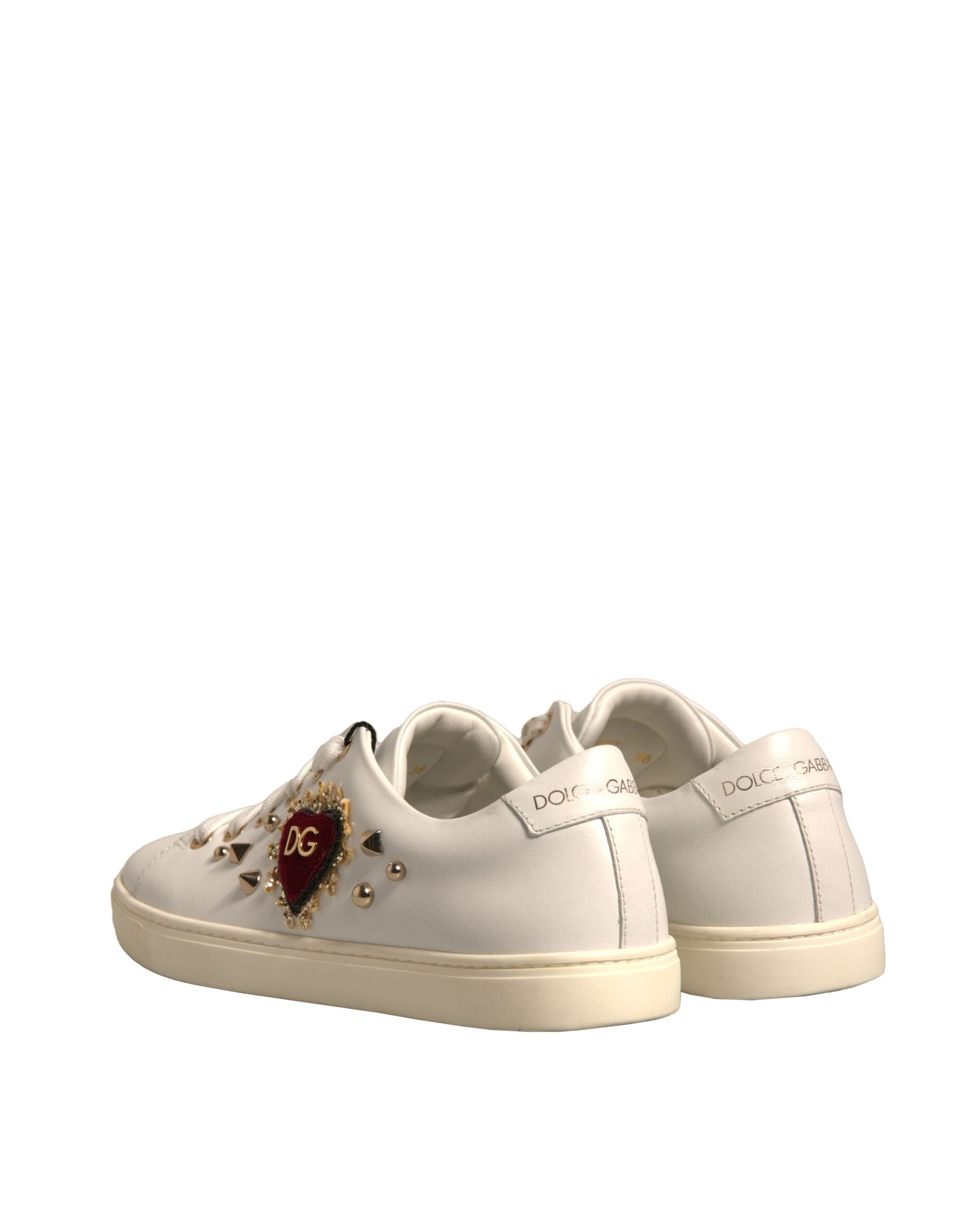 White Leather Gold Red Heart Sneakers Shoes