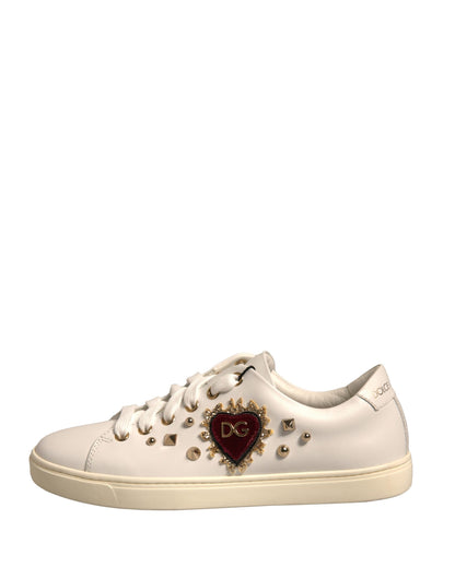 White Leather Gold Red Heart Sneakers Shoes