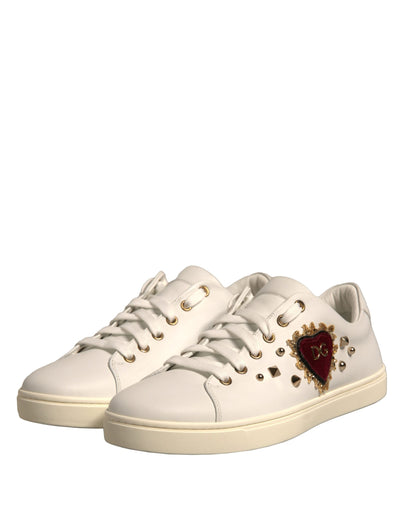 White Leather Gold Red Heart Sneakers Shoes