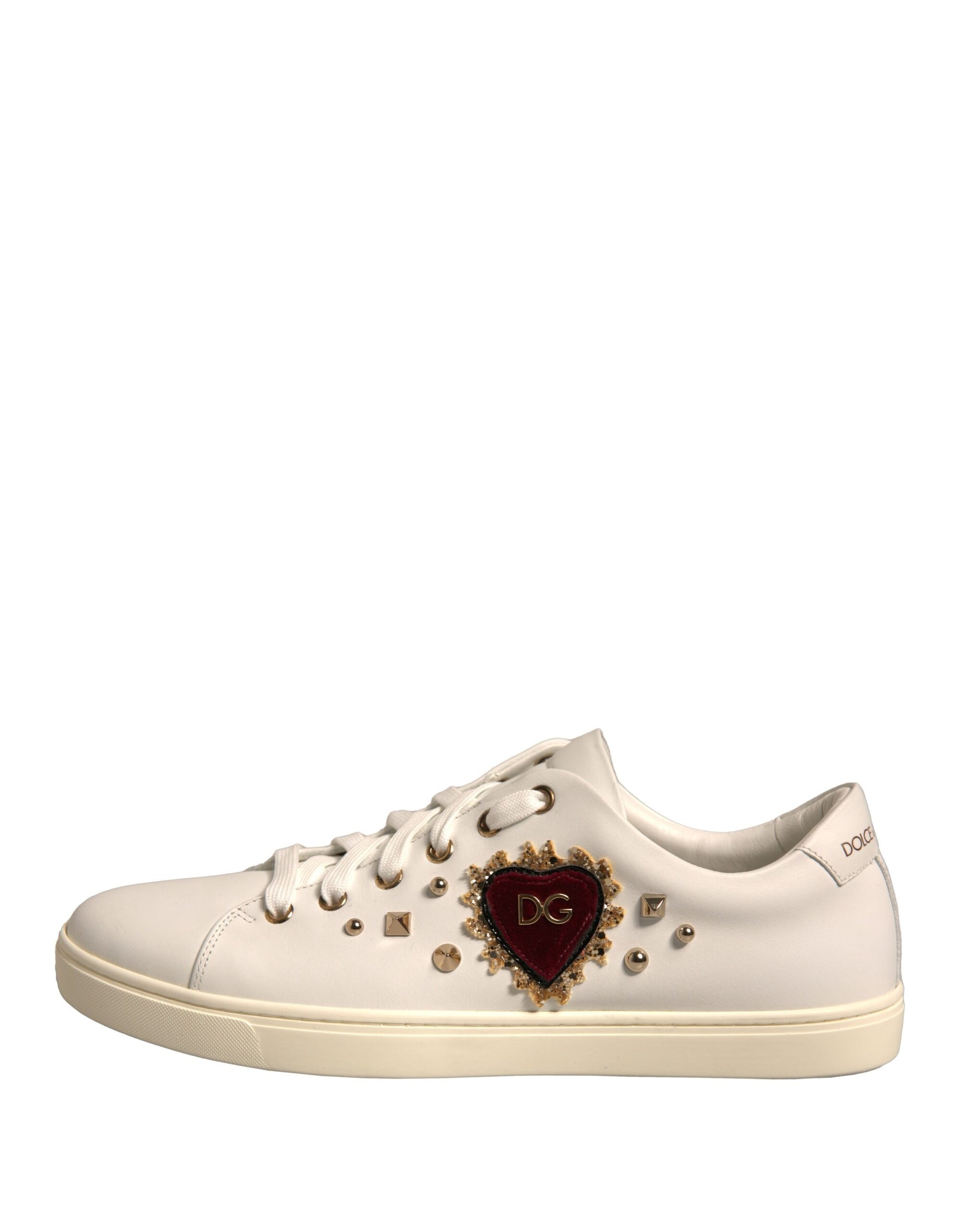 White Leather Gold Red Heart Sneakers Shoes