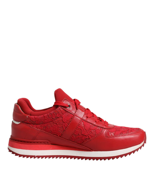 Red Floral Lace Leather Sneakers Shoes