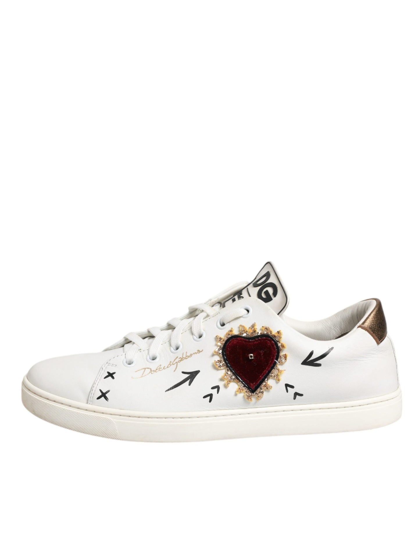 White Leather Heart Embellished Sneakers Shoes