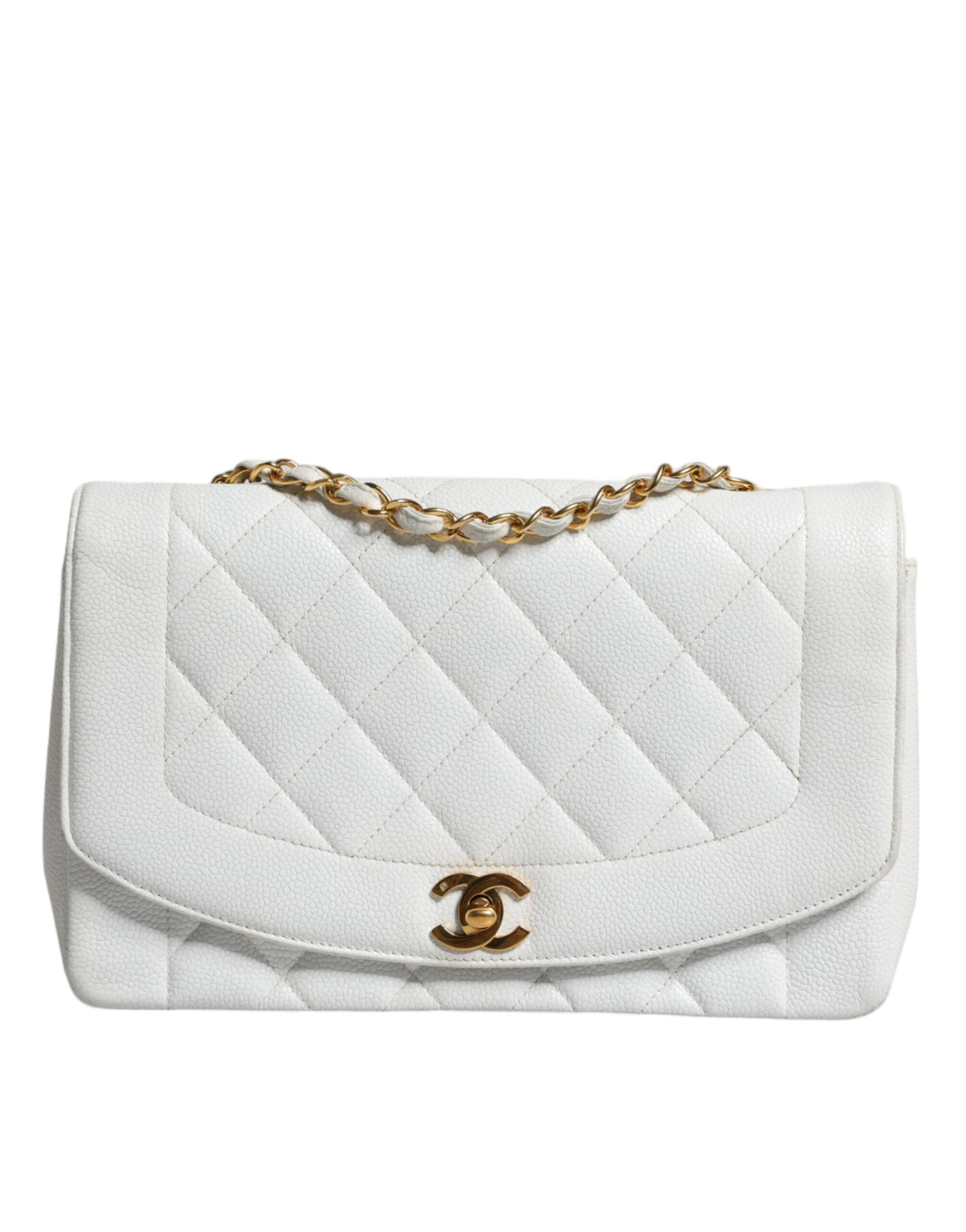 White Medium Classic DIANA Shoulder Bag Gold Plated Purse