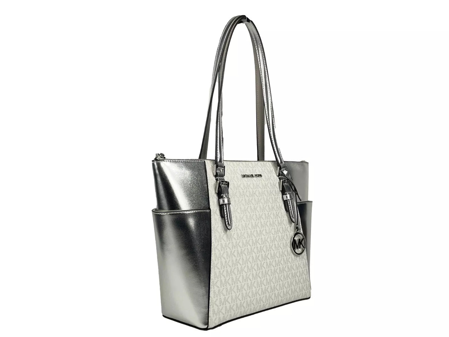 Charlotte Large Leather Top Zip Tote Bag Purse Silver