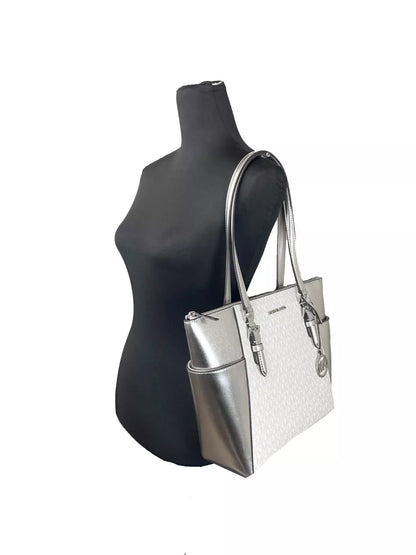 Charlotte Large Leather Top Zip Tote Bag Purse Silver