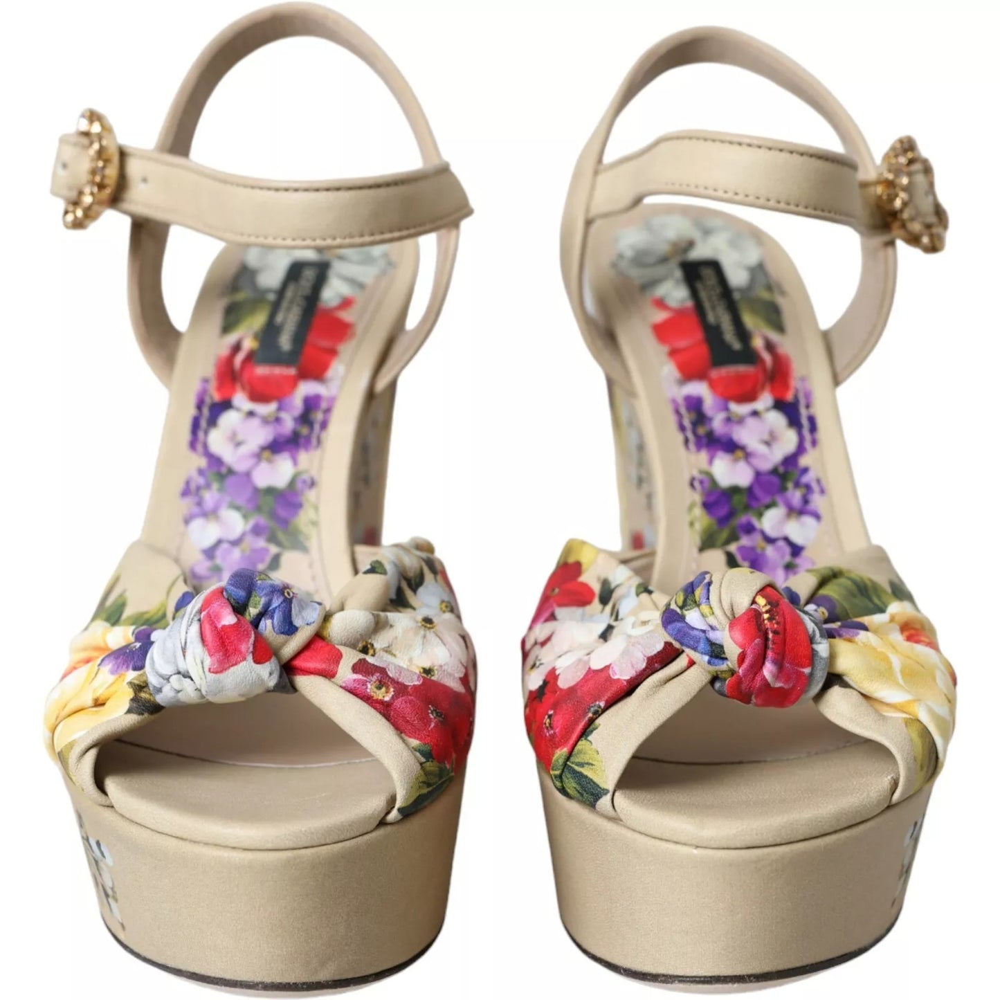 Beige Floral Crystal Wedge Heel Sandals Shoes