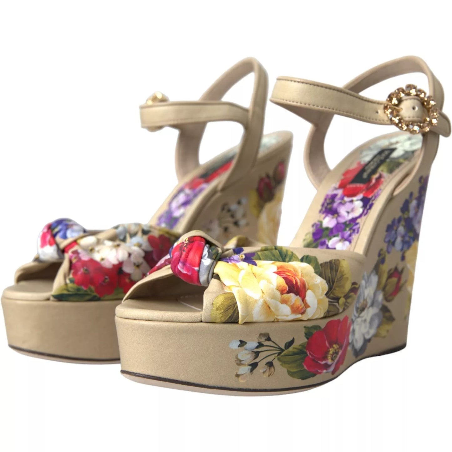 Beige Floral Crystal Wedge Heel Sandals Shoes