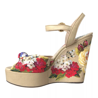 Beige Floral Crystal Wedge Heel Sandals Shoes