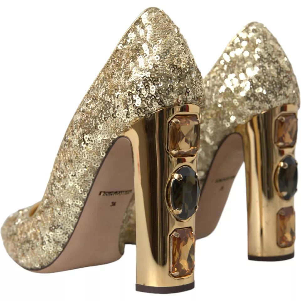 Gold Sequined Leather High Heels Pumps Shoes