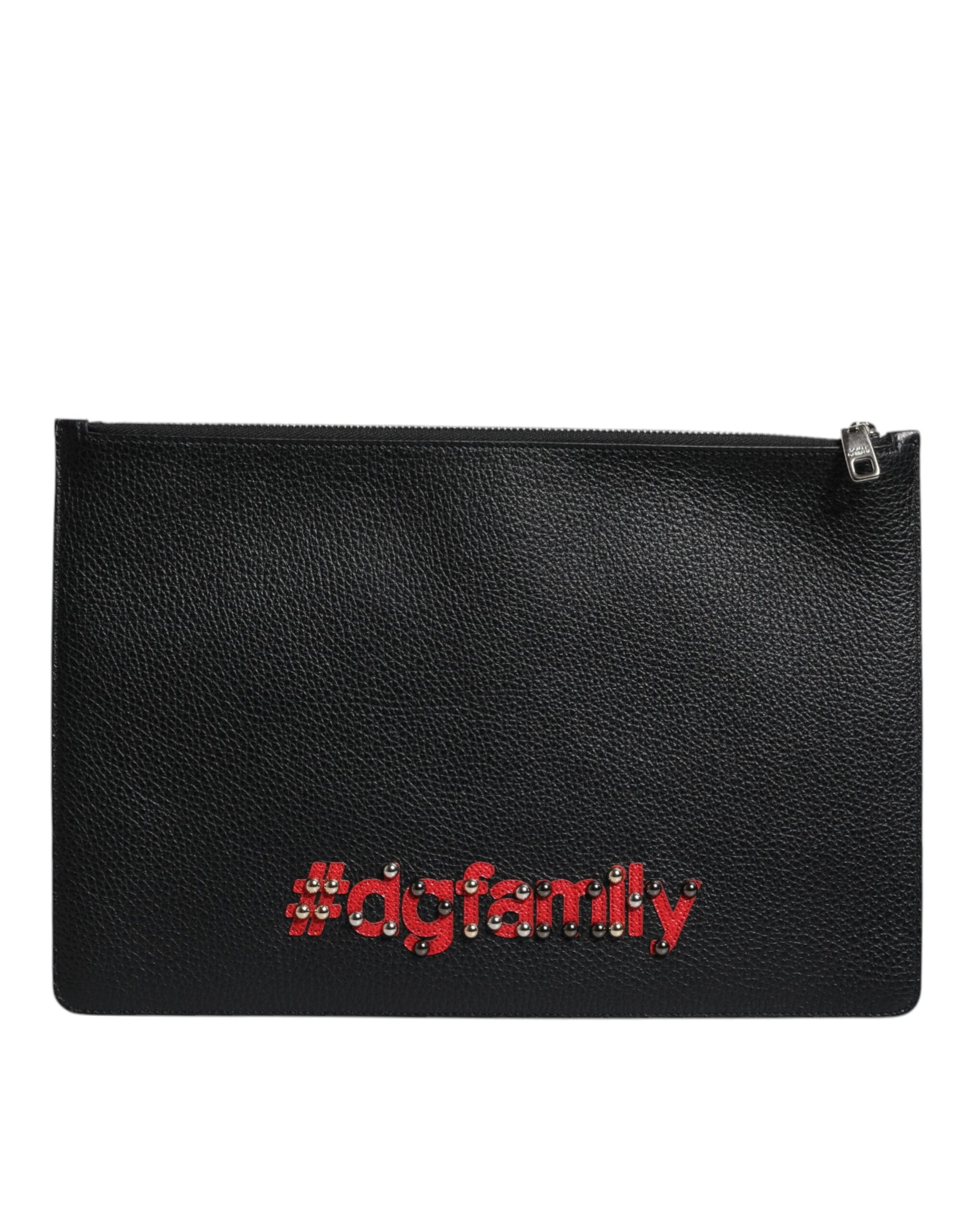 Black Leather #DGFAMILY Embellished Men Zip Pouch Bag