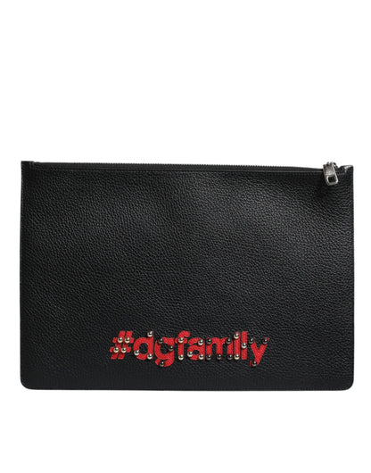 Black Leather #DGFAMILY Embellished Men Zip Pouch Bag