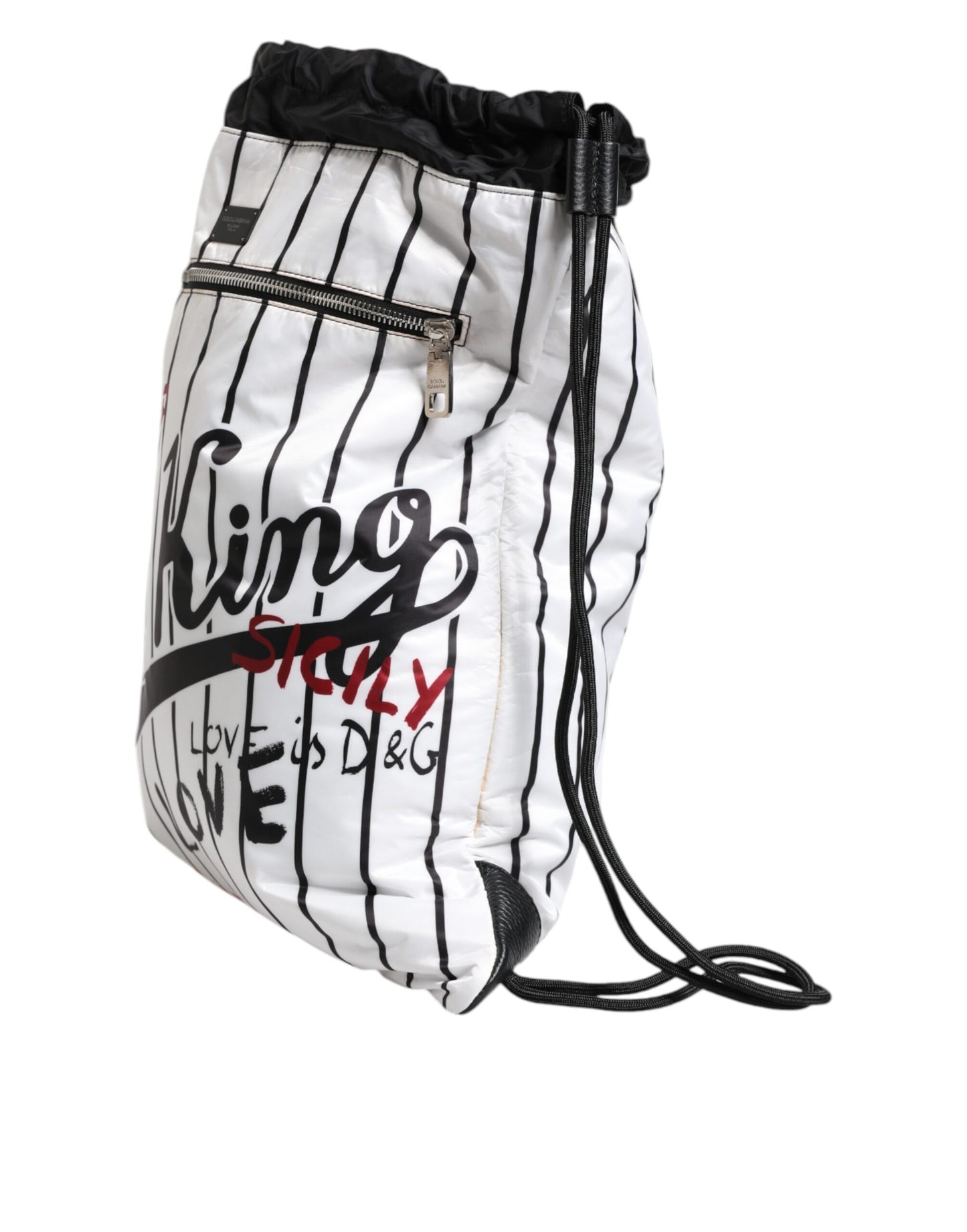 Black White Striped Polyester Drawstring Bag