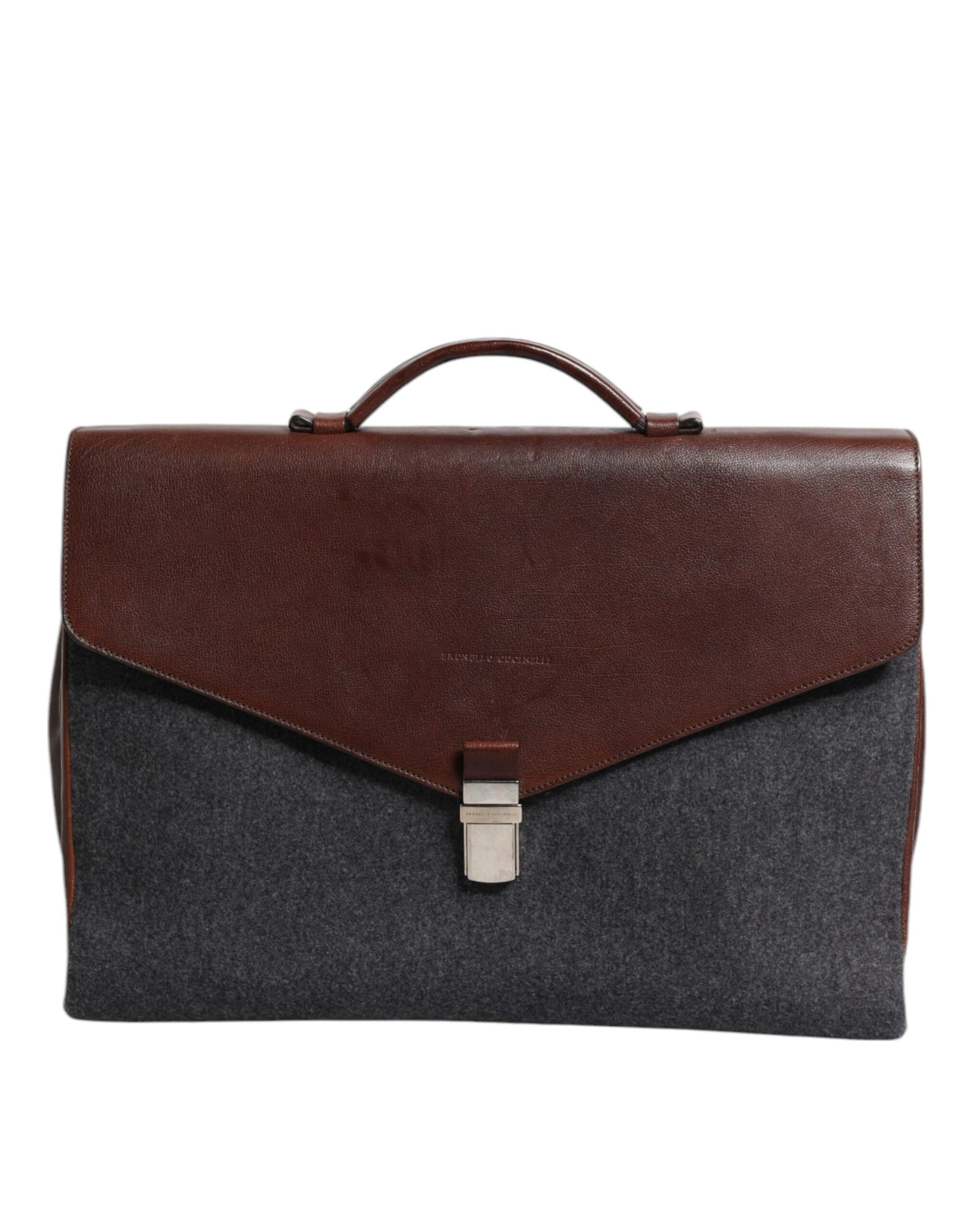 Brown Gray Leather Cognac Wool Business Tote Bag