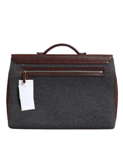 Brown Gray Leather Cognac Wool Business Tote Bag