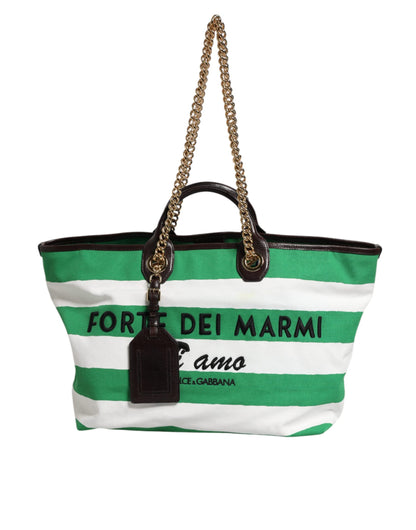 White Green Stripes Canvas Gold Chain Tote Bag