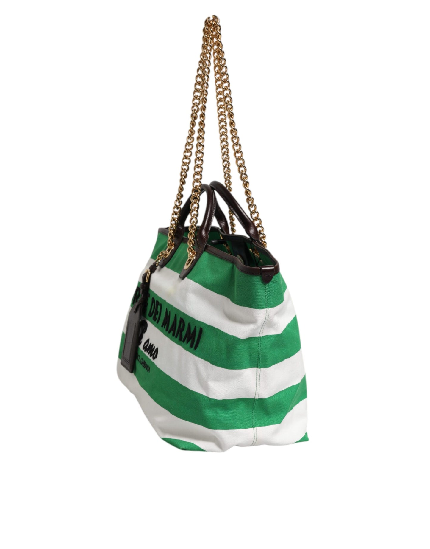 White Green Stripes Canvas Gold Chain Tote Bag