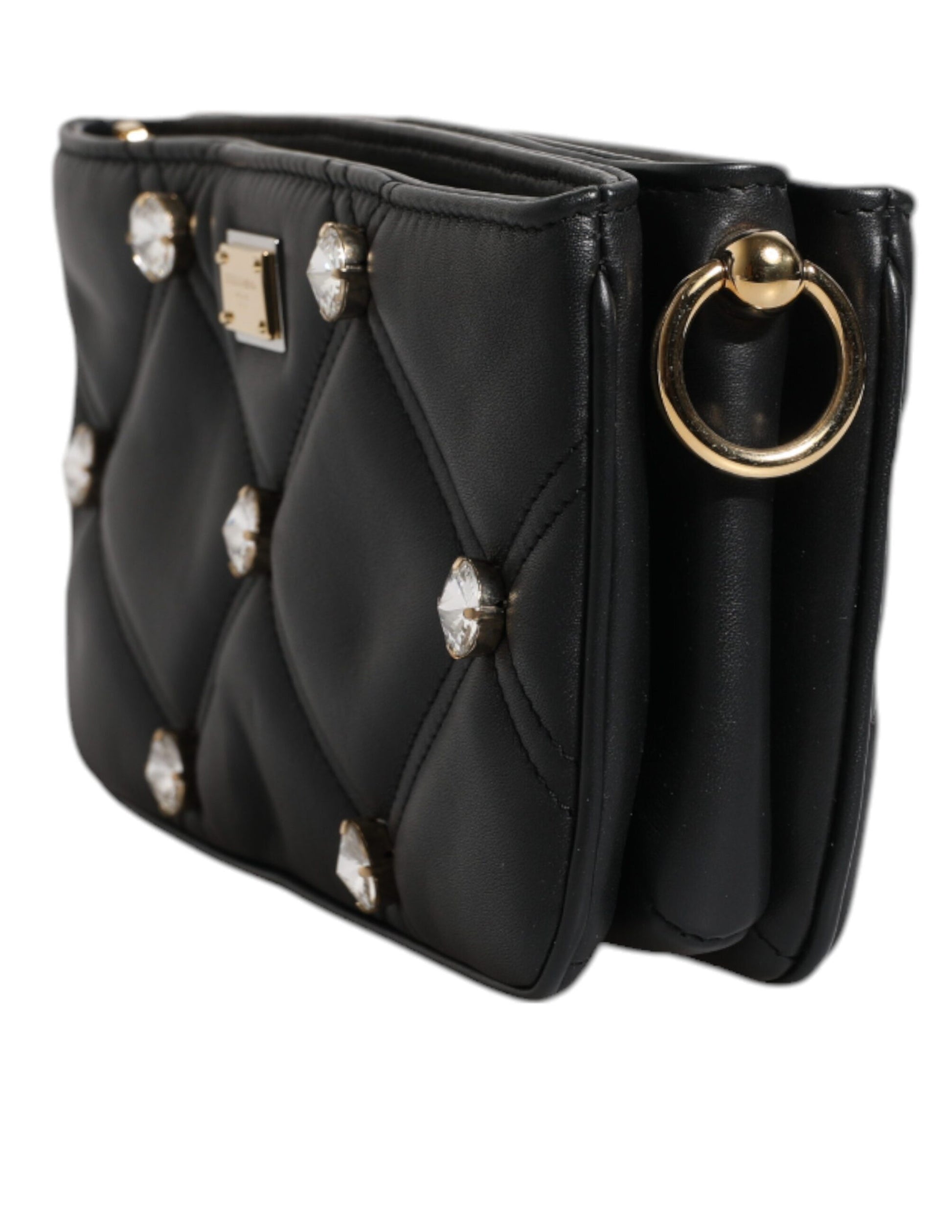 Black Leather Crystal Embellished Logo Shoulder Bag