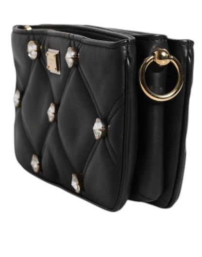 Black Leather Crystal Embellished Logo Shoulder Bag