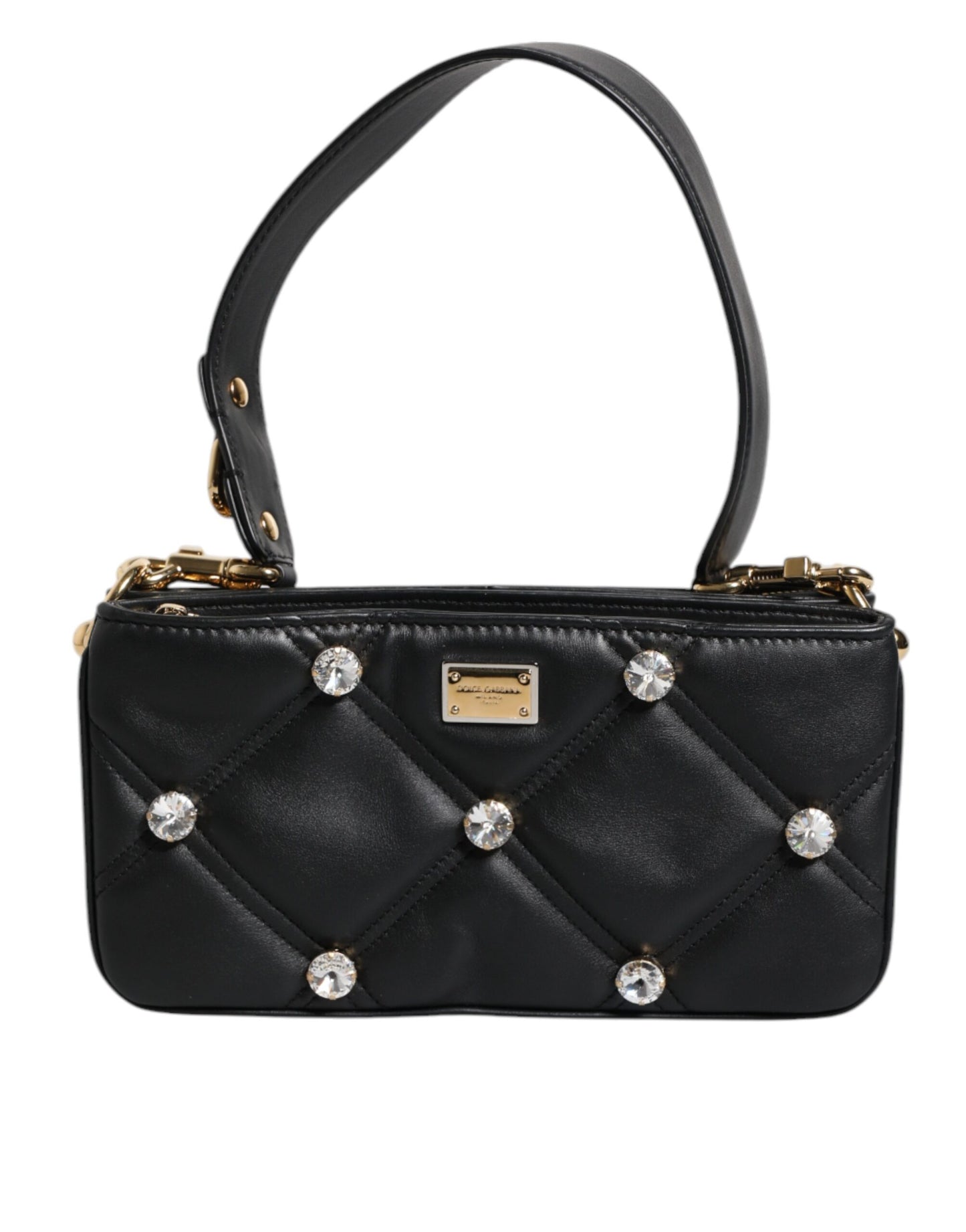 Black Leather Crystal Embellished Logo Shoulder Bag