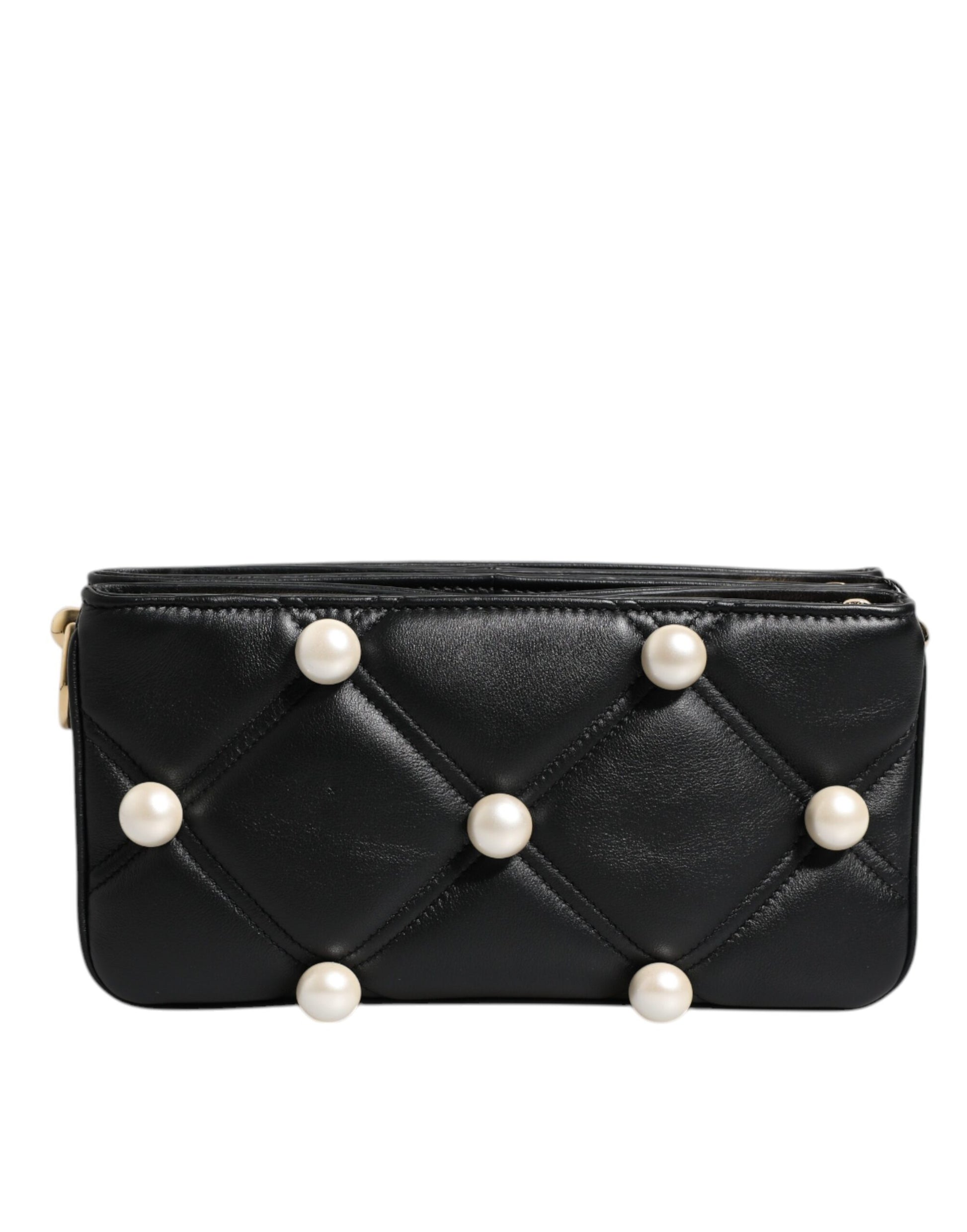 Black Leather Pearl Embellished Logo Shoulder Bag