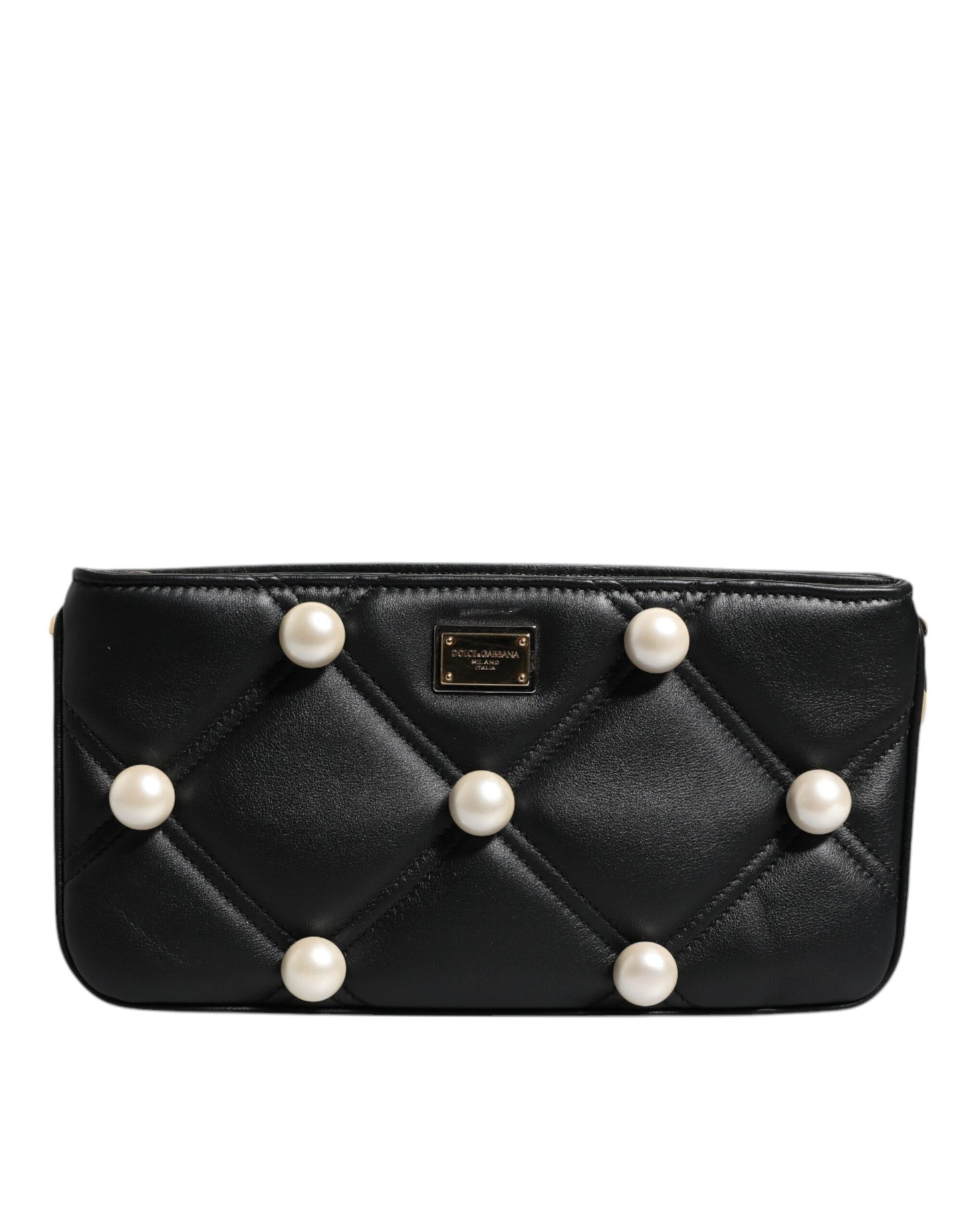 Black Leather Pearl Embellished Logo Shoulder Bag