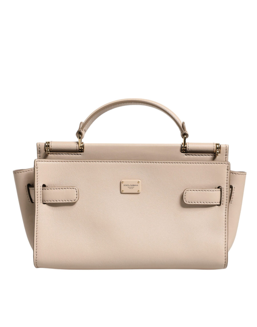 Beige Logo Plaque Leather Top Handle Strap Crossbody Bag