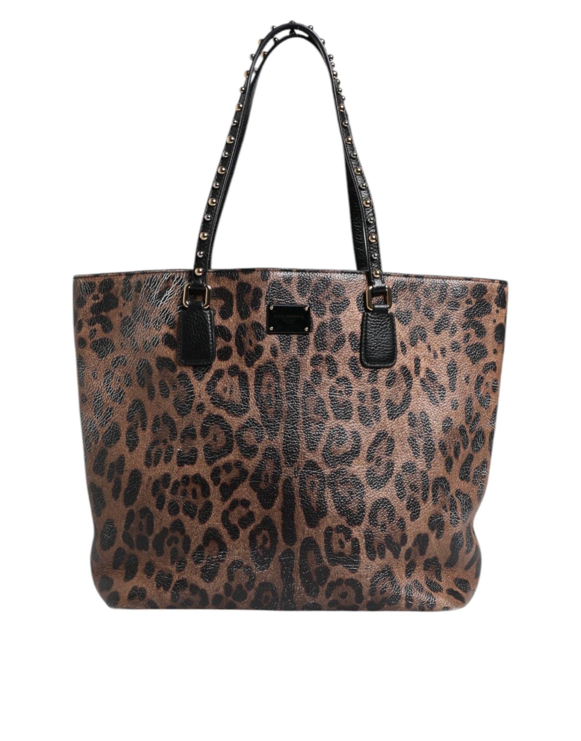 Brown Black Calfskin Leopard Print Shoulder Tote Bag