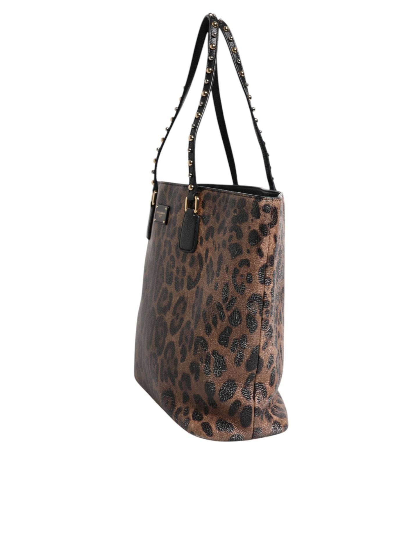 Brown Black Calfskin Leopard Print Shoulder Tote Bag