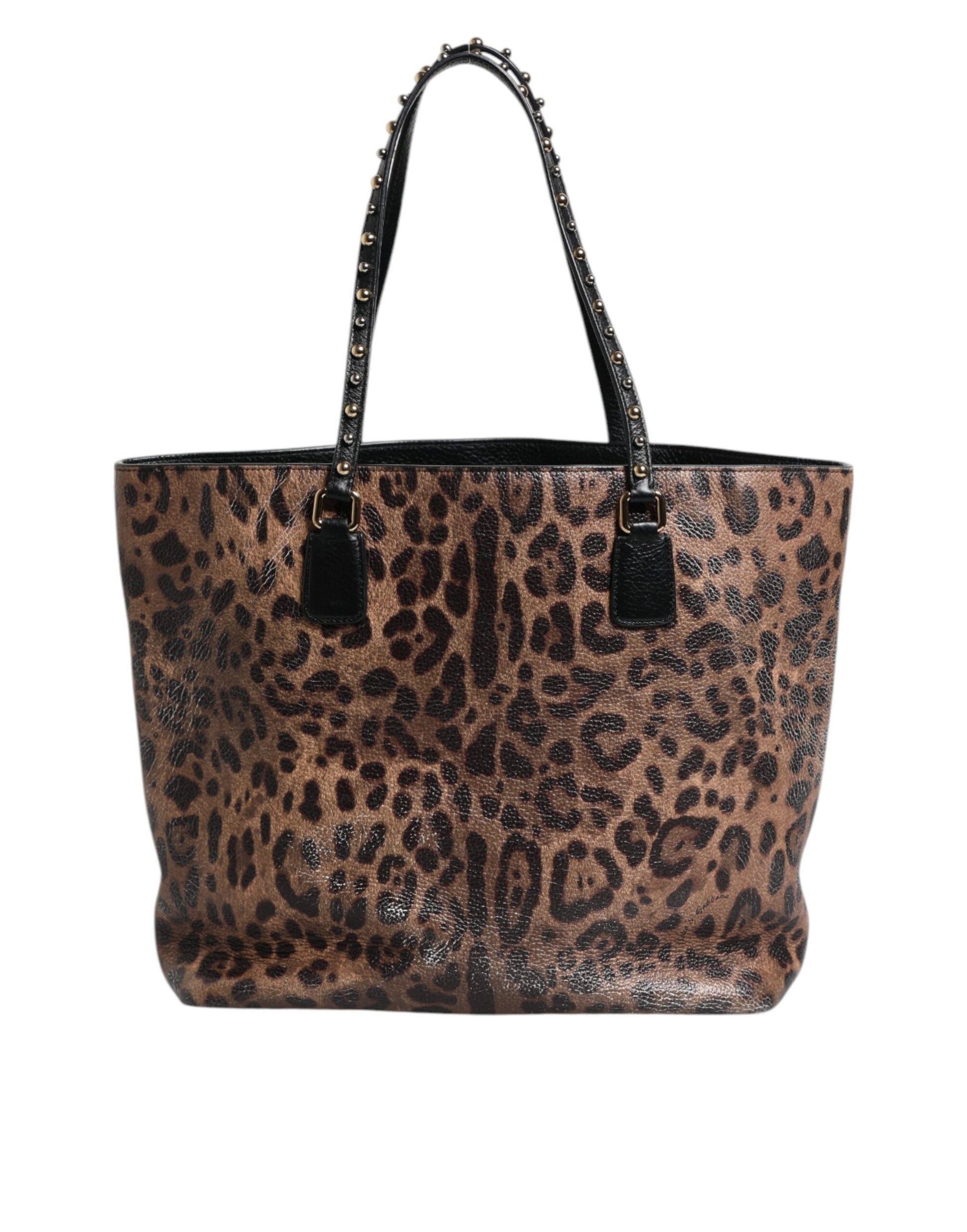 Brown Black Calfskin Leopard Print Shoulder Tote Bag