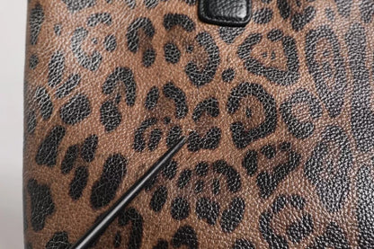 Brown Black Calfskin Leopard Print Shoulder Tote Bag