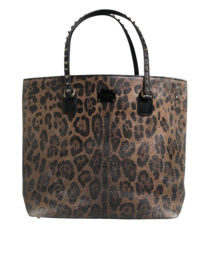 Brown Black Calfskin Leopard Print Shoulder Tote Bag