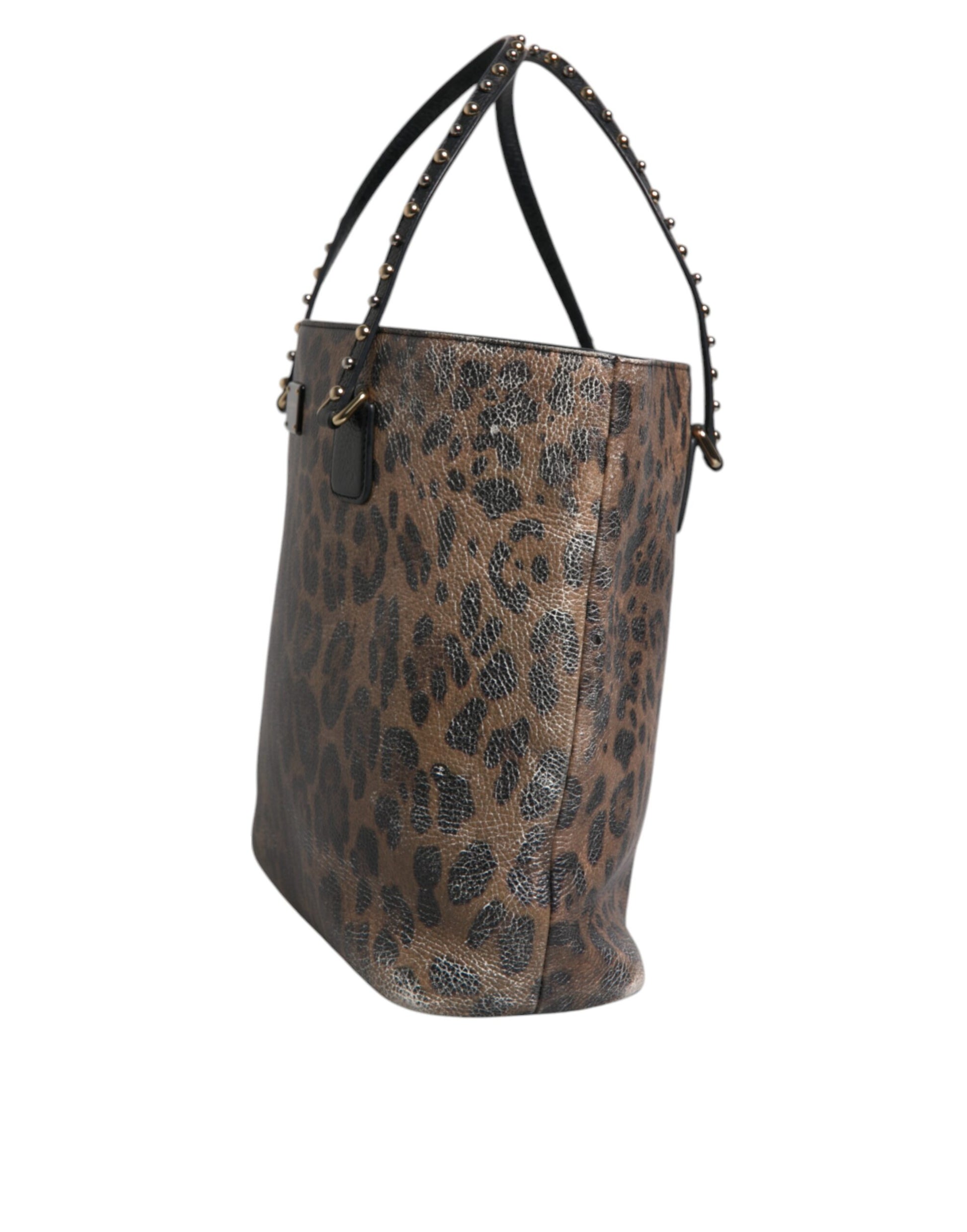 Brown Black Calfskin Leopard Print Shoulder Tote Bag