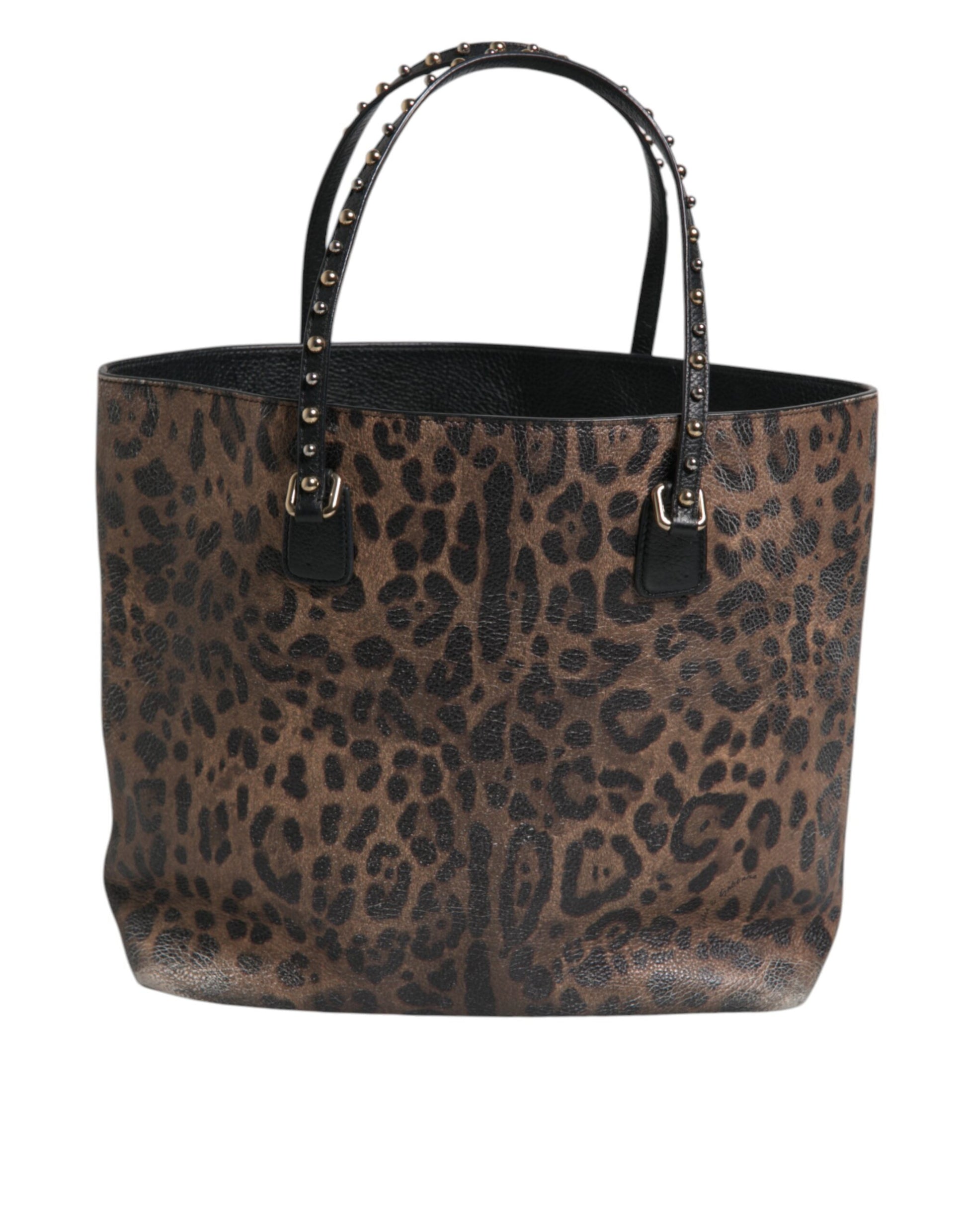 Brown Black Calfskin Leopard Print Shoulder Tote Bag