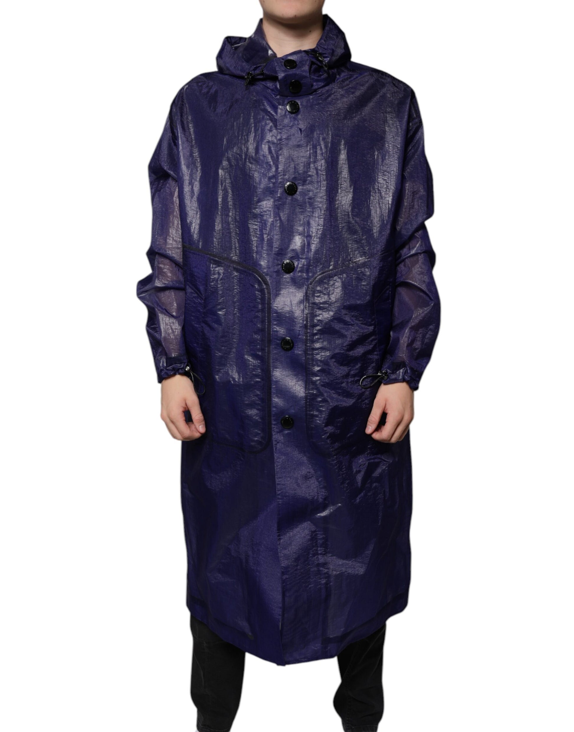 Dark Blue Cotton Hooded Men Raincoat Jacket