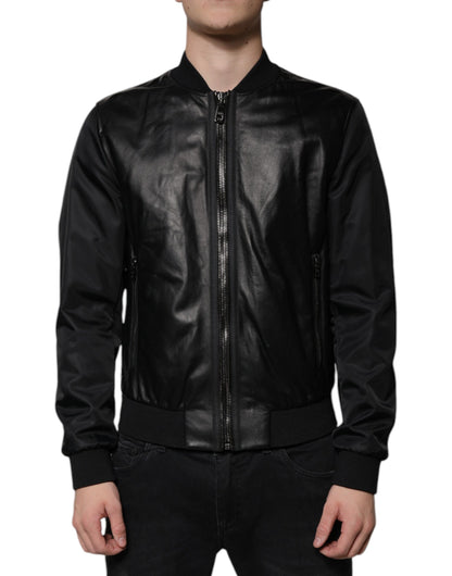 Black Lambskin Full Zip Biker Blouson Jacket