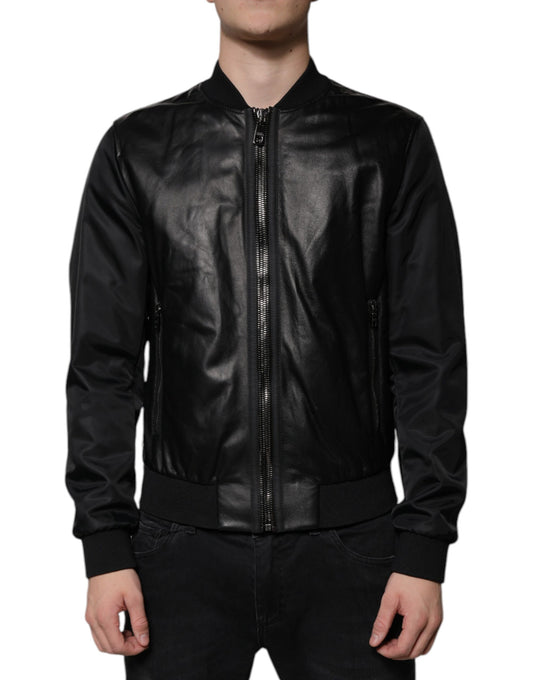 Black Lambskin Full Zip Biker Blouson Jacket